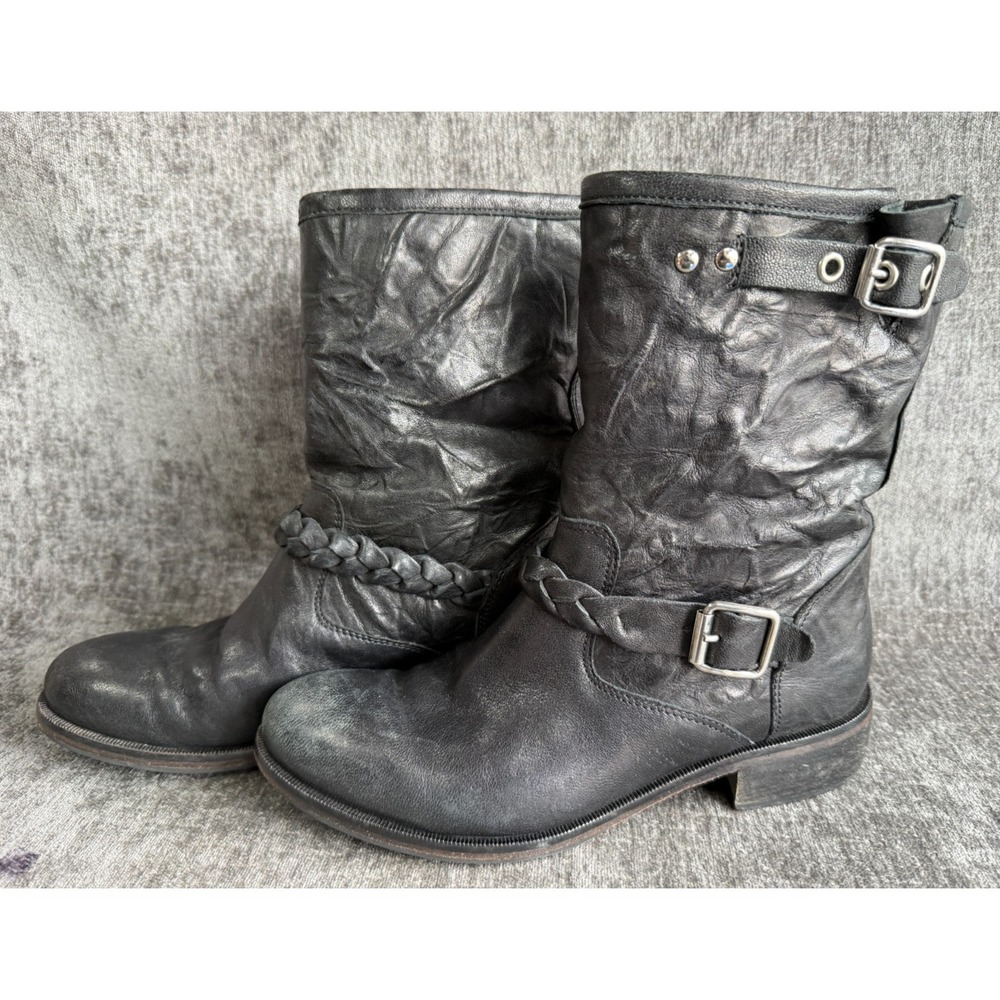 Vero Cuoio Leather Biker Boots Black Braided Buckle Strap Mid Calf Women 37 US 7